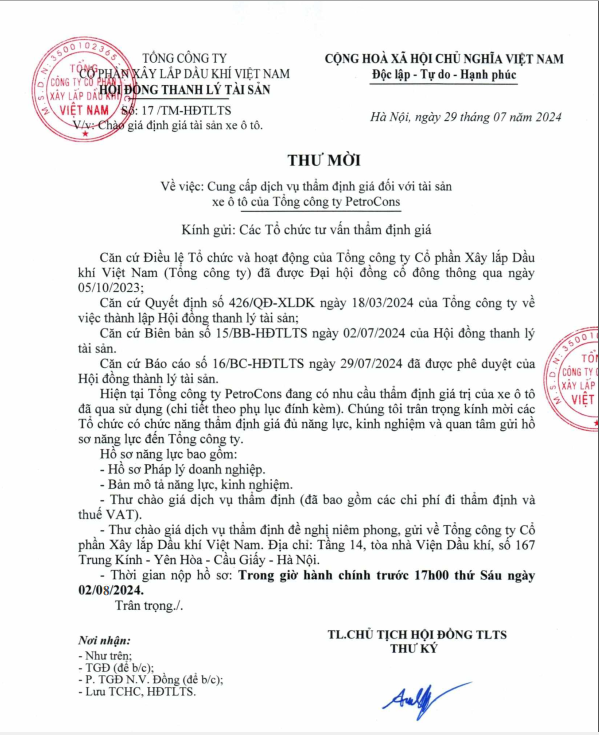 PVX thông báo Thư mời cung cấp dịch vụ thẩm định giá đối với tài sản xe ô tô của Tổng công ty 